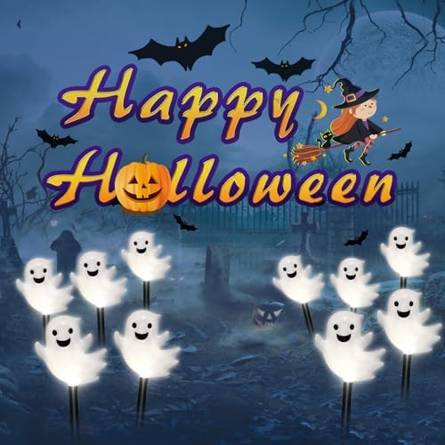 BRIGHTDECK Halloween Solar Pathway Lights Outdoor, LED Decor, Light Up Solar Stake Lights for Holiday, Halloween, Walkway, Sidewalk (Cold White Floating Ghost, 10-Pack)