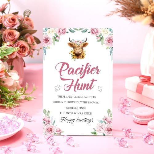 Thyle 51 Pcs Highland Cow Pacifier Hunt Baby Shower Games for Girls Include Hunt Sign and 50 Acrylic Pacifiers Boho Pink Floral Baby Shower Game Decoration Gift Sets for Gender Reveal Party Decor