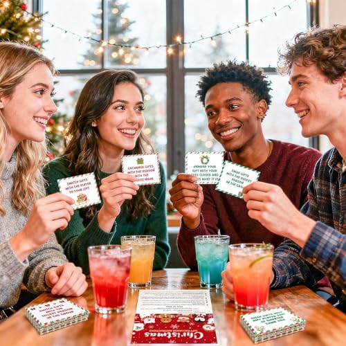 61 Pcs Christmas Gift Exchange Game Cards Merry Christmas Party Games White Elephant Gift Exchange Card Xmas Holiday Present Swap for Adults Large Group Family Women Men Coworker Supplies Winter Paper
