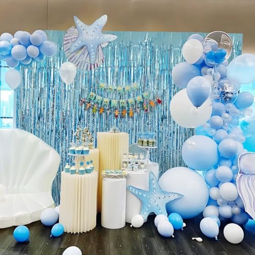 Blue Streamers Party Decorations 3.3x8.2ft 2 Pack Light Blue Tinsel Foil Fringe Curtain Backdrop Ocean Themed Party Decor Photo Booth Props for Birthday Baby Shower Bachelorette Door Hanging Wedding