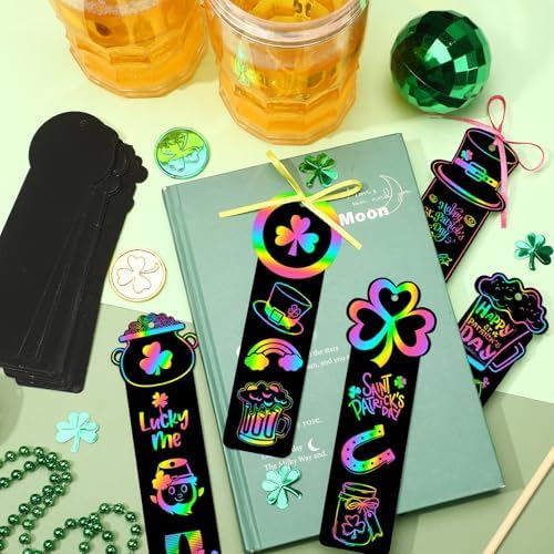 AUGSUN 96Pcs St Patricks Day Scratch Art Bookmarks Crafts for Kids