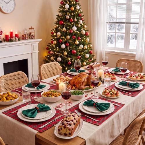 Qinyoung 8 Sets Christmas Cloth Napkins and Napkins Rings Holders Red Green