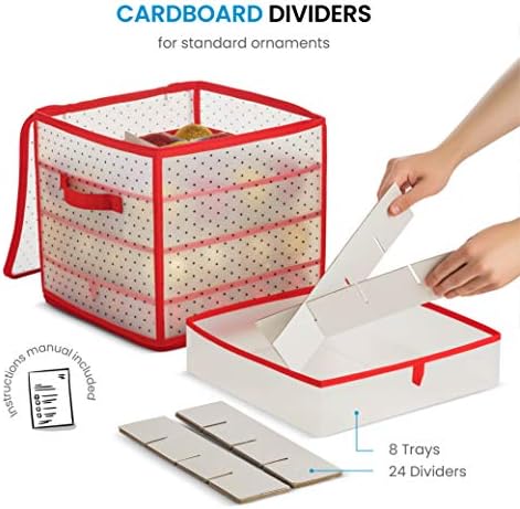 ZOBER Christmas Ornament Storage Box Plastic - Stores 64 3" Ornaments with Individual Trays - Ornament Organizer Storage Box, Durable Christmas Containers Holder - Red