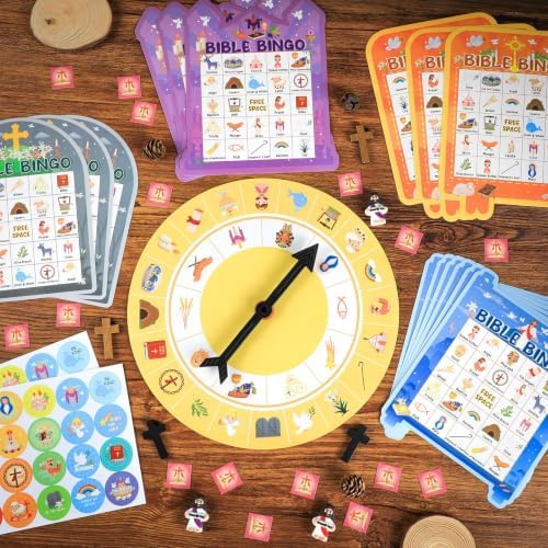 Easter Bible Bingo Game for Adults 24 Players Easter Bible Games for Kids Christian Supplies Cross Bingo Cards with Turntable Reward Stickers for Christian Party Activities Home Family Game