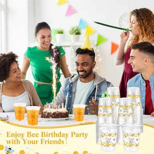 Funnymoom 60 Pack Bee Theme Cup 12 oz Honeycomb Disposable Clear Plastic Drinking Cups Bulk for Bee Day Birthday Baby Shower Party Decorations Favors