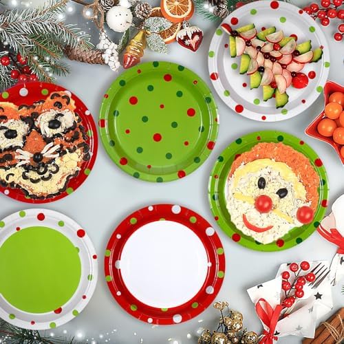 Fourluoo 96 Pcs Lime Green Christmas Paper Plates Disposable Dinner Plates for Xmas Birthday Party Table Decor