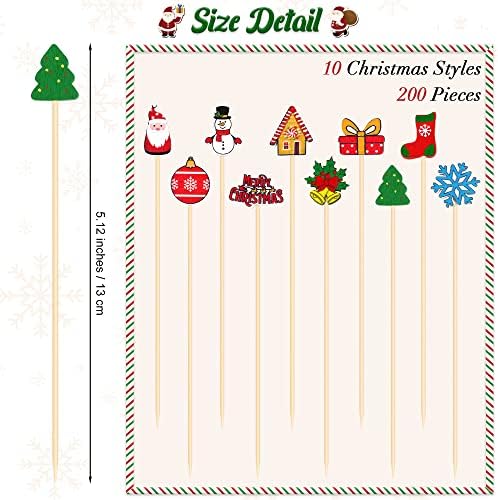 Aodaer 200 Pieces Christmas Wooden Cocktail Picks Appetizer Fruits Bamboo Toothpicks Decorative Cocktail Sticks with Christmas Balls Tree for Fruits Dessert Appetizer Party Supplies