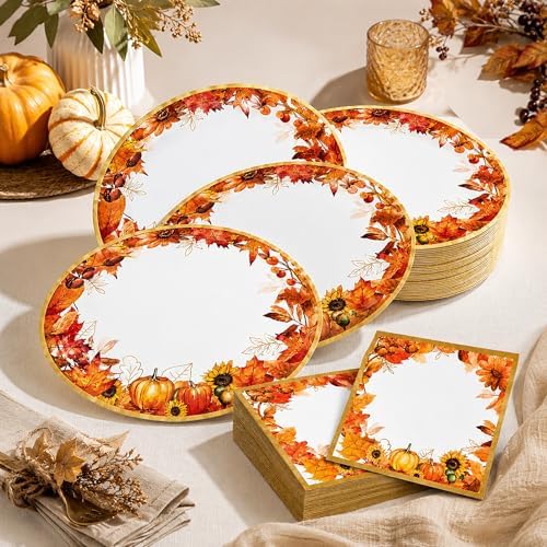 50Pcs Fall Oval Paper Plates Napkins, Pumpkin Autumn Thanksgiving Party Set
