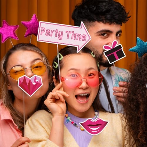 24 Pcs Pink Girls Birthday Photo Booth Props Kit - Hot Pink Princess Birthday Party Photo Booth Props Set, Sweet 16 18 21 30 40 50 or Any Other Bday Party Party Deco