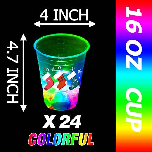 mishunyus 24 Pcs Christmas Party Cups, Glow Christmas Theme Cups, for Holiday Party Supplies, for Nighttime Fun, BBQ, Holiday Decor, with 8 pattern