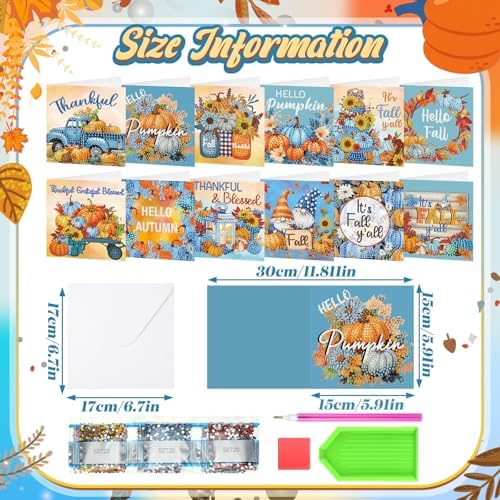 Saillong 12 Pack Blue Fall Diamond Painting Greeting Cards with Envelopes