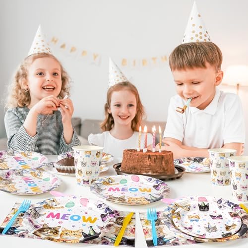 Cats Birthday Party Plates Set,168PCS Cat Birthday Tableware Party Supplies