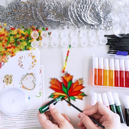 Winlyn 24 Sets Fall Leaf Suncatchers Ornaments DIY Window Paint Art Fall Craft Kits Maple Leaf Sun Catchers Painting Kits for Kids Classroom Activities Art Project Thanksgiving Autumn Party Decoration