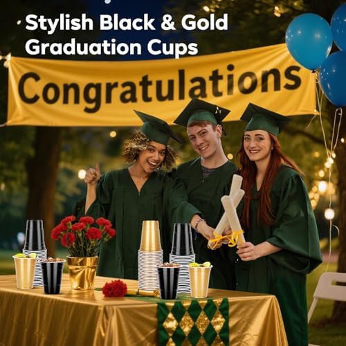 100 Pack Halloween Black and Gold Cups 16 oz, Disposable Plastic Party Cups