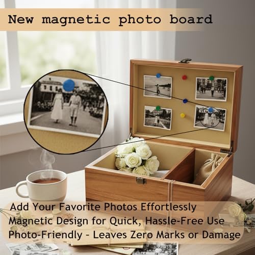 Wooden Keepsake Box, Large Acacia Storage Box with Magnetic Photo Display,Decorative Wooden Box with Felted Protection,Memory Storage Box for Pets,Wedding,Photos,Letters,Jewelry,Crafts,Time Capsule
