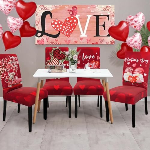 Valentines Day Chair Covers Set of 4, Valentines Decorations Stretch Removable Washable Dining Room Love Hearts Gnome Chair Protector Slipcovers Party Kitchen Home Valentine Decor (Valentine 2, 4 PCS)