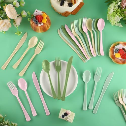 Kochorie 300 Pieces Sage Green and Pink Plastic Silverware, Disposable Plastic Utensils, Heavy Duty Cutlery Set Heavyweight Flatware Includes Spoons Forks Knives for Birthday Wedding Party Supplies