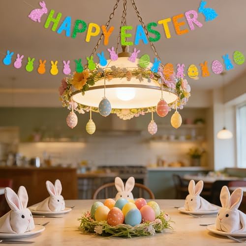 Easter Bunny Decorations Kit, 3 Pack Pre-Strung Glitter Banner Set with Happy Easter Banner, Bunny Egg Banner & Peeps Banner - Spring Easter Party Decorations for Indoor Home Decor