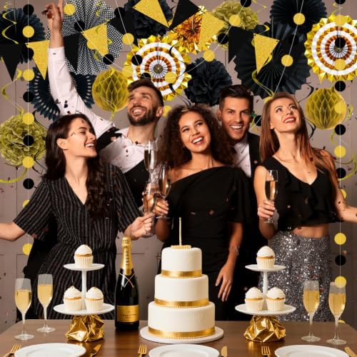 24 Pcs Black and Gold Party Decorations, Paper Fans Pom Poms Garland Decor