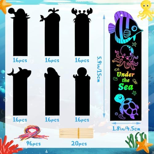 AUGSUN 96Pcs Ocean Animals Scratch Art Bookmarks Rainbow Scratch Bookmarks