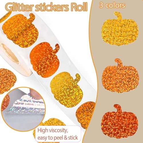 500Pcs Fall Thanksgiving Pumpkin Stickers Roll - Laser Pumpkin Shaped Self-Adhesive Stickers, 3 Orange Sparkly Waterproof Decals for Easter Autumn Party Cards Seal Envelopes Supplies Scrapbook Decor