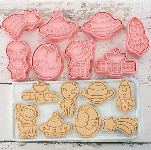 Outer-Space Cookie Cutters Set, 8-PCS 3D Astronaut, Alien, UFO, Satellite, Rocket, Moon, Meteor, Planet Cookie Cutters for Party Baking