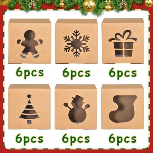 KPOSIYA 36 Pack Christmas Cookie Boxes for Gift Giving, 4x4x2.5 Inch Brown Bakery Box With Window, Large Holiday Cookie Tins With Lids, Small Xmas Treat Box for Pastry Dessert Cupcakes Packaging