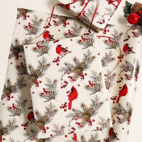 LaRibbons Cardinal Christmas Wrapping Paper, Rustic Woodland Red Birds