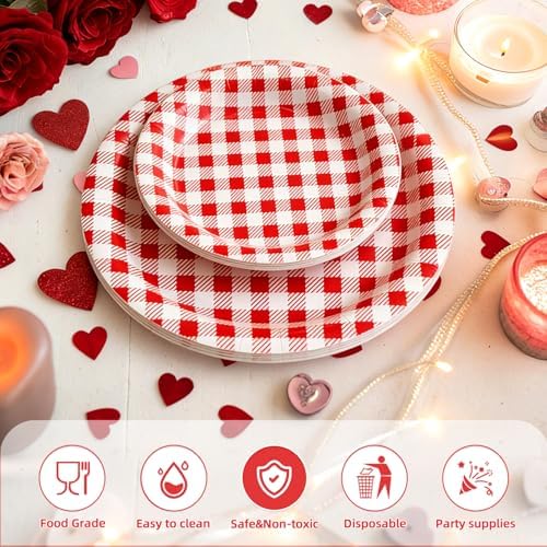 Vyntra 50 Pcs Red Gingham 7 Inch Round Paper Dessert Plates