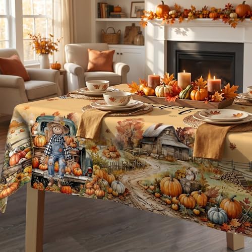 Fall Tablecloth 60×84 Inch, Fall Harvest Decorations for Home Table Cloth Rectangle, Truck Scarecrow Pumpkin Decor Washable Seasonal Autumn Thanksgiving Tablecloths Polyester for Picnic Party Dinner