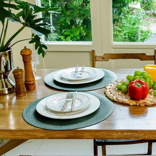 FunWheat Round Braided Placemats Set of 4 Table Mats for Dining Tables Woven Washable Non-Slip Place mats 15 inch(Black Green,4pcs)