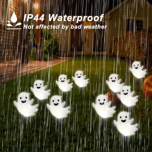 BRIGHTDECK Halloween Solar Pathway Lights Outdoor, LED Decor, Light Up Solar Stake Lights for Holiday, Halloween, Walkway, Sidewalk (Cold White Floating Ghost, 10-Pack)