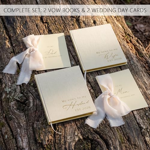 LITIVY 2026 Wedding Vow Books Set 2 Vow Books & 2 Wedding Day Cards for Parents with Gold Foil Dot Grid Pages His and Hers Gifts Wedding Registry Must Haves (Beige, 5.23” x 7”)