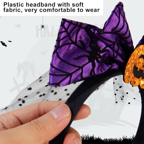 Halloween Headbands with Pumpkin and Spider Web, 2 Pack Orange and Purple Headband with Big Bow, Hairbands Hair Hoop Halloween Spooky Hair Accessories for Women Girls Kids