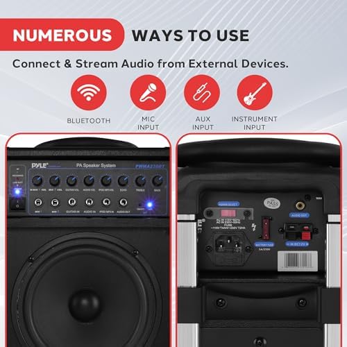 Pyle Wireless Portable PA System-400W Bluetooth Compatible Rechargeable Battery Powered Outdoor Sound Stereo Speaker Microphone Set w/Handle, Wheels-1/4 to AUX, RCA Cable (PWMA230BT)