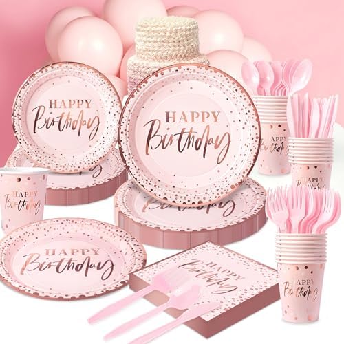 Pink Rose Gold Happy Birthday Party Plates, 168PCS Birthday Party Supplies