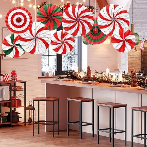 9 Pcs Christmas Party Decorations, Red and Green Hanging Candy Paper Fans Candy Cane Wall Ceiling Decor for Xmas Party, Classroom, Office, Birthday