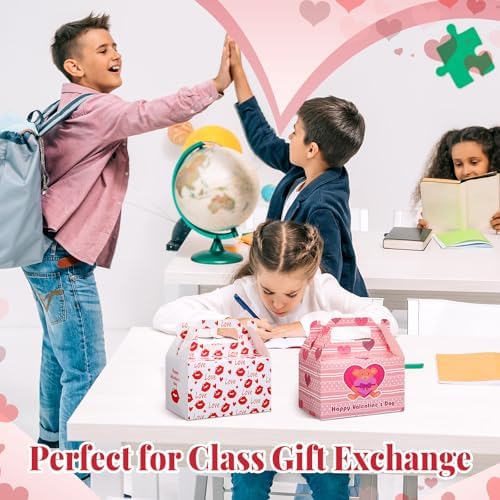 Zhanmai 36 Pack Valentines Treat Boxes with Handle Valentine Cookie Gable Container Heart Candy Goodie Box Cupcake Bakery Container Bulk for Exchange Party Favor Gift