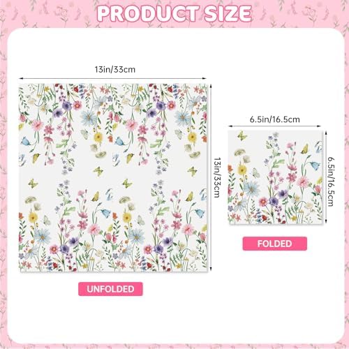 40 Pcs Spring Floral Napkins 13 x 13 Inches - Wildflower Butterfly Party Napkin, 3-Ply Flower Cocktail Disposable Paper Napkins Hand Towles Set for Easter Birthday Weeding Tea Party Supplies Decor