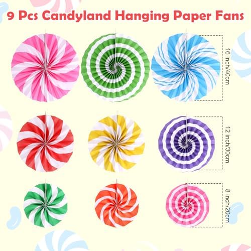 9 Pcs Candyland Party Decorations Paper Fans Candyland Themed Classroom Decorations Lollipop Hanging Paper Fans for Christmas Sweet Candy Birthday Wedding Party Supplies