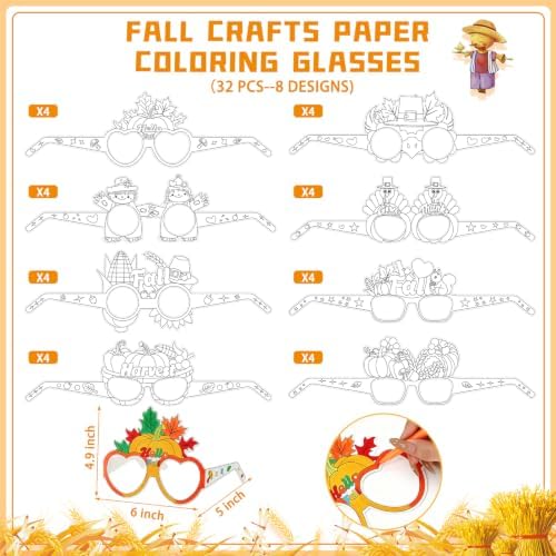 32Pcs Fall Thanksgiving Craft Bulk Coloring Glasses DIY Arts Kit for Kids