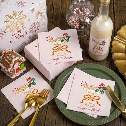 Chiisong 100 Pcs Cocktail Napkins Christmas Cheers Pink Gold Stamping