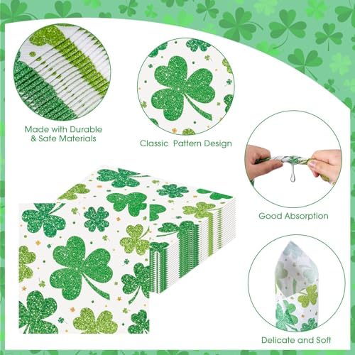 40 Pcs St.Patricks Day Napkins 13 x 13 Inches - Green Shamrock Napkin, 3-Ply Disposable Lucky Irish Cocktail Beverage Dinner Napkins Set for Saint Patrick's Day Party Supplies Table Decorations