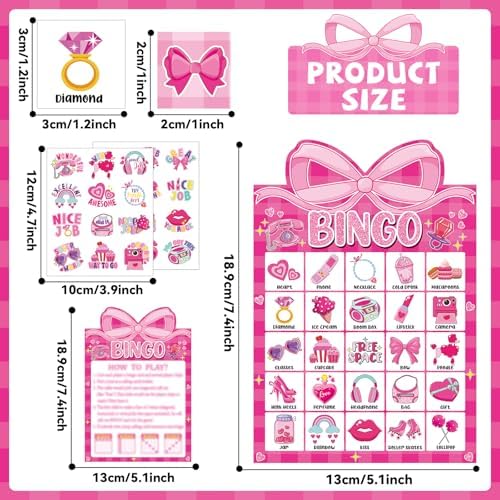 39 Pcs Pink Bow Party Bingo Game for Adults Kids 24 Players Pink Girls Party Bingo Game Cards with Reward Stickers for Family Friends Large Group Gathering Bachelorette Princess Doll Party Favors