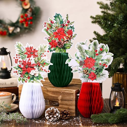 AmazingSpark 18 Pcs Christmas Honeycomb Table Decor Paper Poinsettia