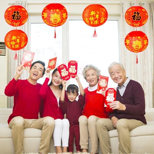 HOWAF 6pcs Chinese New Year Round Paper Lanterns Fu Chun Character Red Lantern for 2026 Lunar New Year Decorations,Spring Festival Hanging Round Lanterns Decorations,Year of The Horse Lanterns