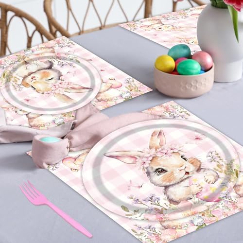 100 Pieces Easter Bunny Party Tableware Set – Pink Plaid Floral Rabbit Plates, Napkins and Forks, Spring Disposable Dinnerware for Easter Party, Birthday and Baby Shower Supplies