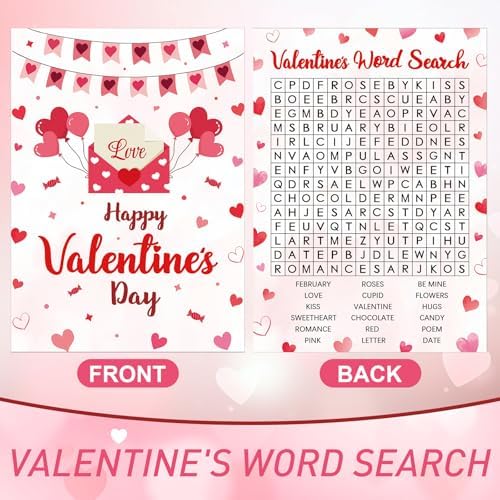 30 Players Valentine's Party Games for Adults Family Office Large Groups, Valentine Parties Word Search Game Card with Answer Key, Valentines Day Classroom Activities Party Favor (Valentines Search)