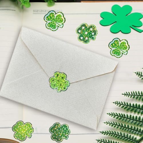 500Pcs St. Patrick's Day Stickers Roll 1in Laser Glitter Shamrock Stickers 3 Designs Self-Adhesive Holographic Clover Sticker Decor for Irish Holiday Party Scrapbook Envelopes Decals Decorations