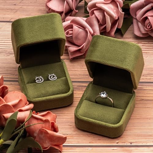 Velvet Single Ring Box Case Holder for Engagement Proposal Birthday Wedding,Jewelry Ring Gift Box Jewelry Packaging Box (Olive Green)